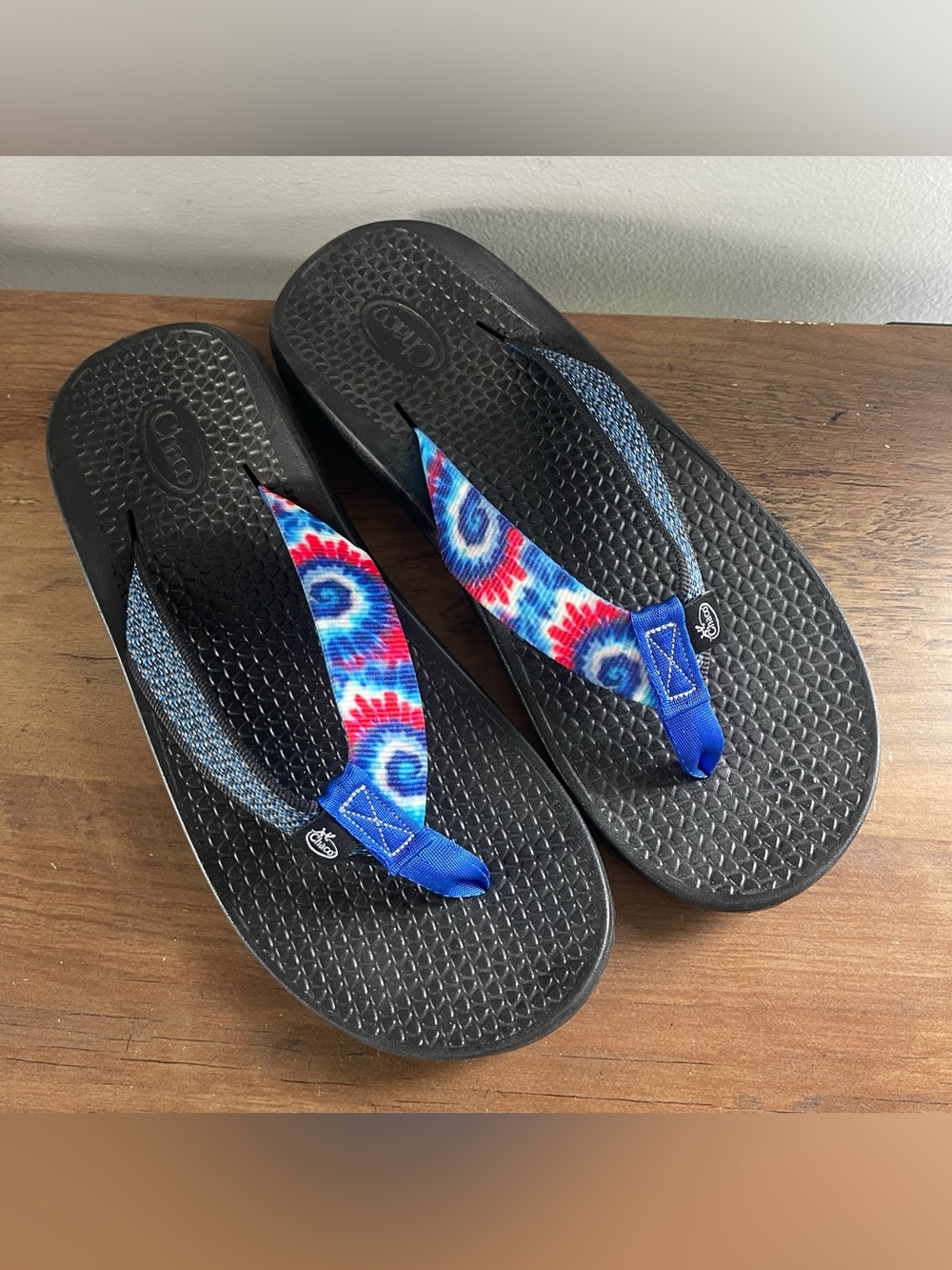 Chaco Black Sandals with Blue, Red & White Tie-Dye Straps